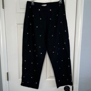Vintage linen wide leg black ditzy floral embroidery capri pants size 8